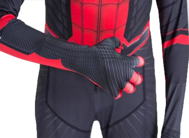 Close-up of Spiderman superhero Halloween costume featuring detailed gloves and suit design