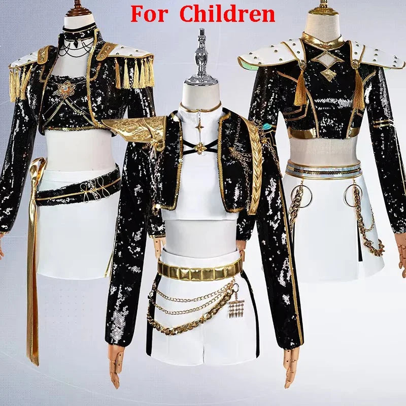 KPop demon hunter cosplay costume for girls featuring a stylish black and gold design