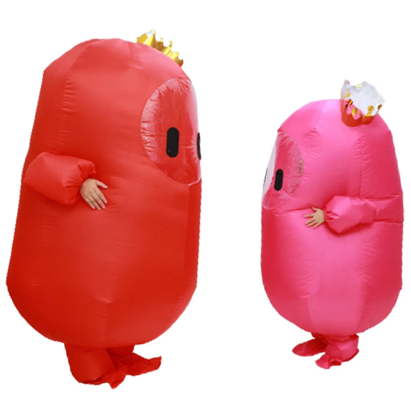 Two players wearing Fall Guys inflatable costume in red and pink, perfect for fun group activities or parties