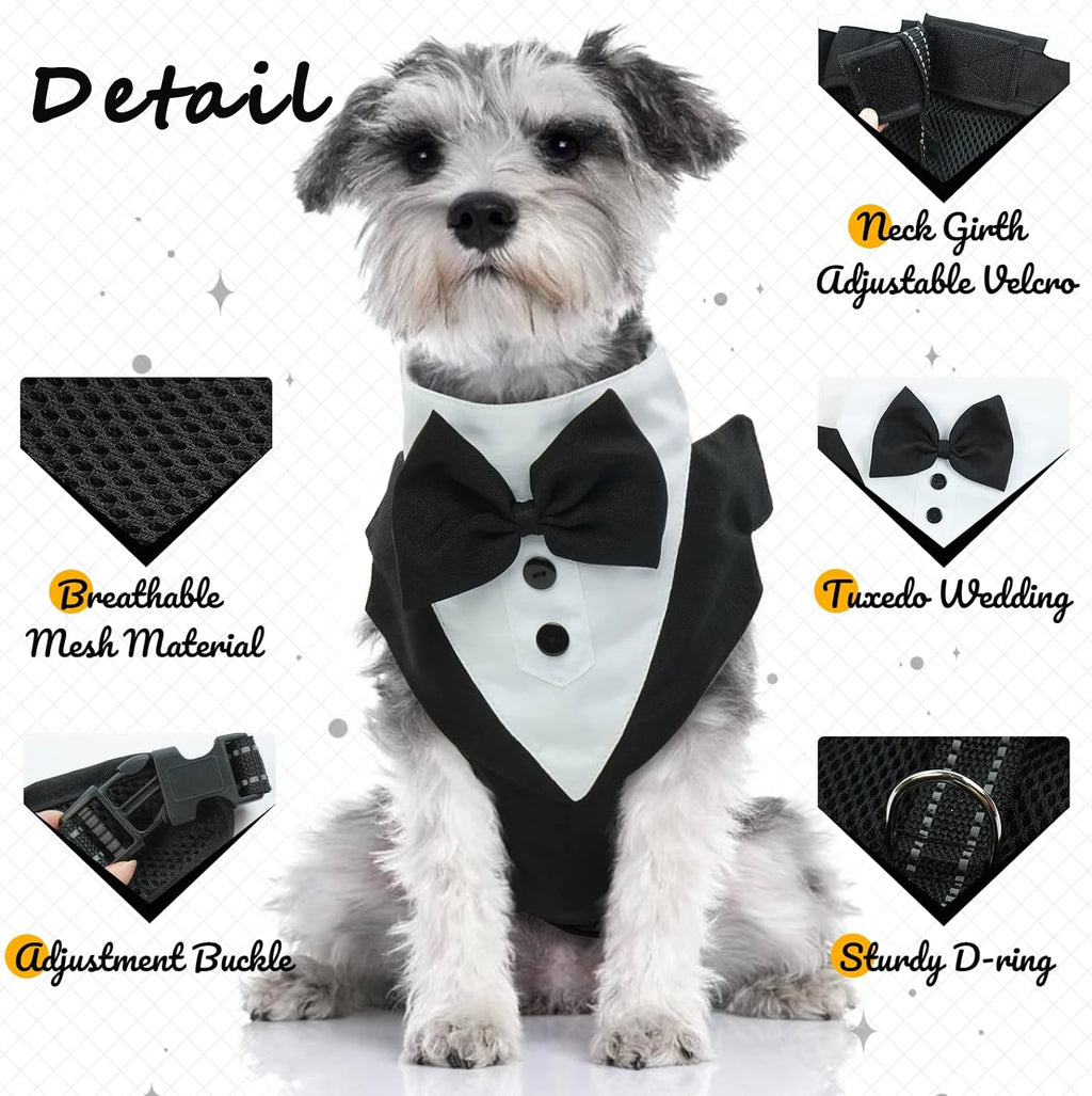 Small dog tuxedo dress set featuring breathable mesh material and adjustable straps for a perfect fit