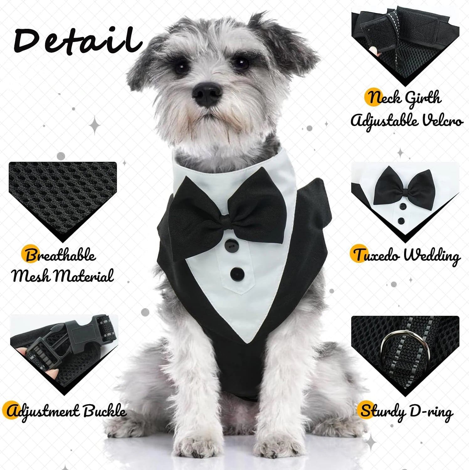Small dog tuxedo dress set featuring breathable mesh material and adjustable straps for a perfect fit