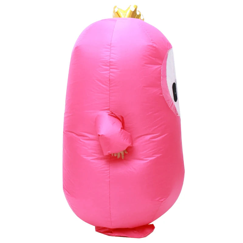 Fall Guys inflatable costume in pink with a fun character design and a crown on top