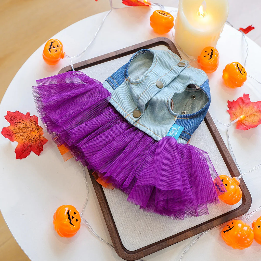 Cute Halloween pumpkin skirt for pets featuring a denim vest and purple tulle layers