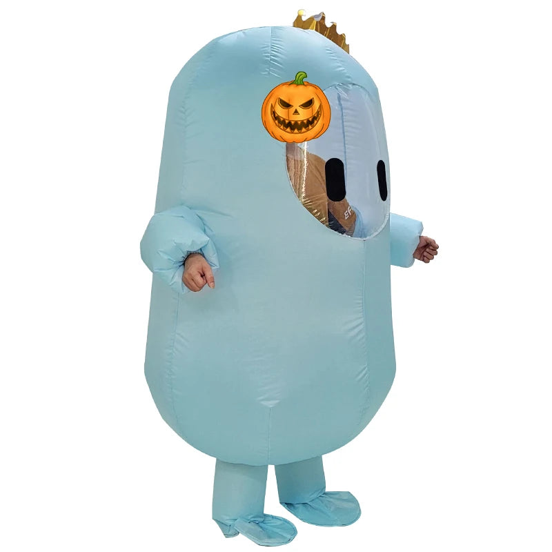 Fall Guys inflatable costume in light blue with a pumpkin face accessory for fun parties