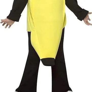 Adult banana costume for men featuring a bright yellow design with black accents and a playful fit
