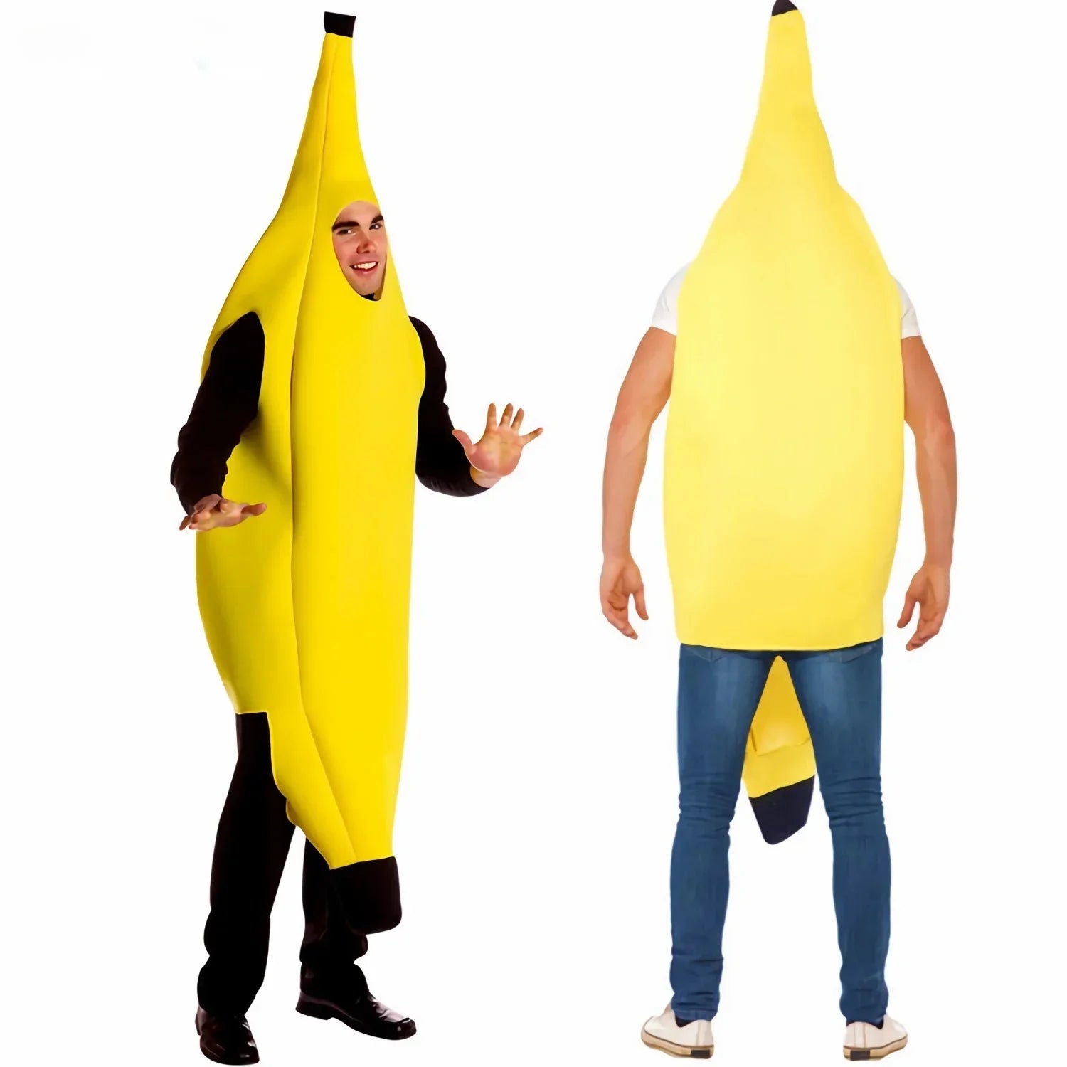 Adult banana costume for men with bright yellow color for fun parties and Halloween celebrations