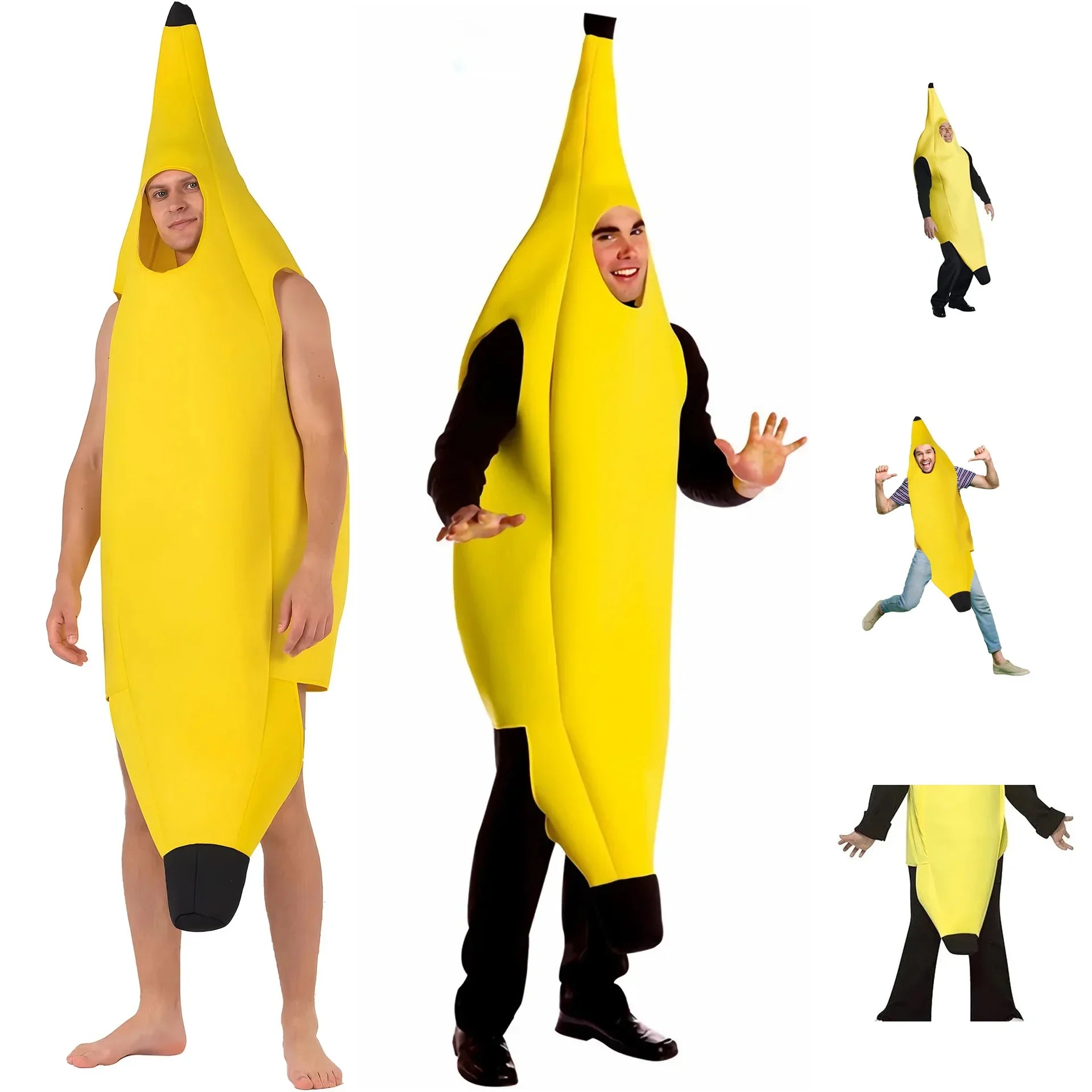 Adult banana costume for men in yellow with fun design for parties and Halloween events