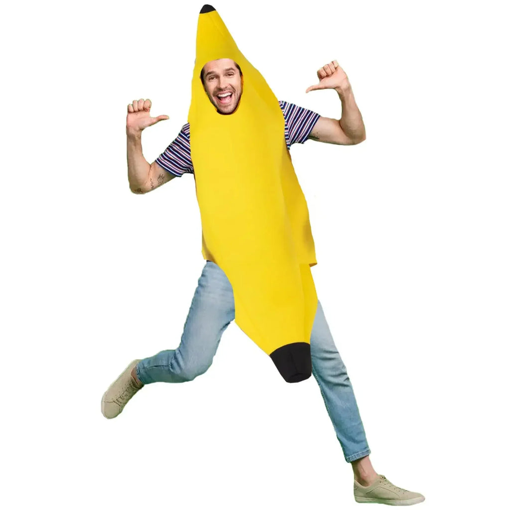 Adult banana costume for men in bright yellow, perfect for parties and fun events