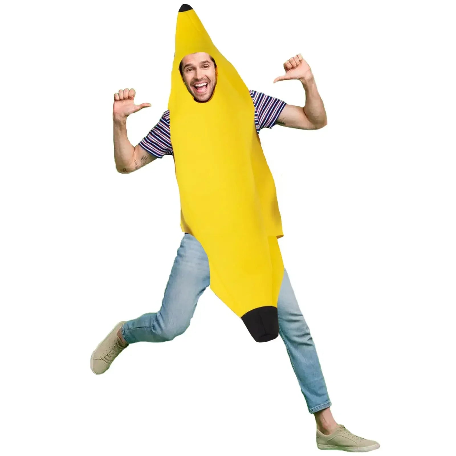 Adult banana costume for men in bright yellow, perfect for parties and fun events