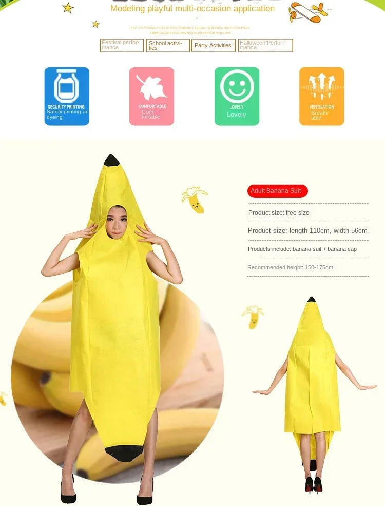Adult banana costume for men, playful yellow banana suit perfect for parties and fun events