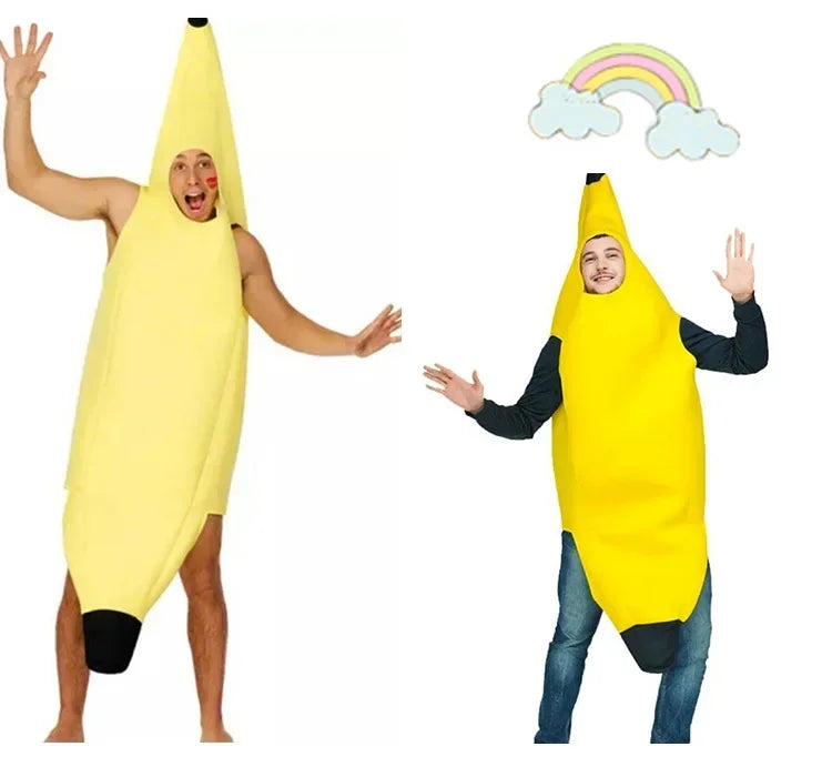 Two men wearing adult banana costume for men, one with arms raised, cheerful expression
