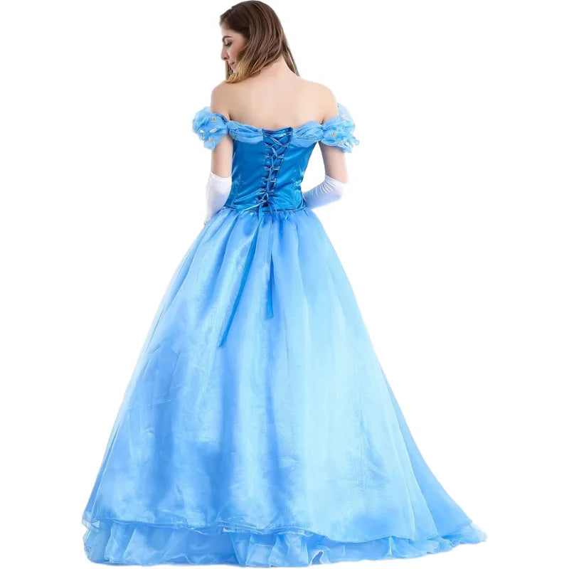 Adult princess costume ball gown in blue with off-shoulder design and lace-up back detail