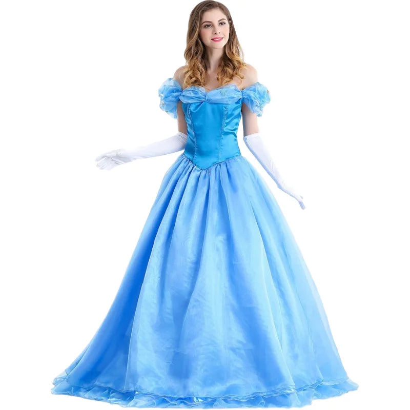 Elegant adult princess costume ball gown in light blue with off-the-shoulder sleeves and a full skirt