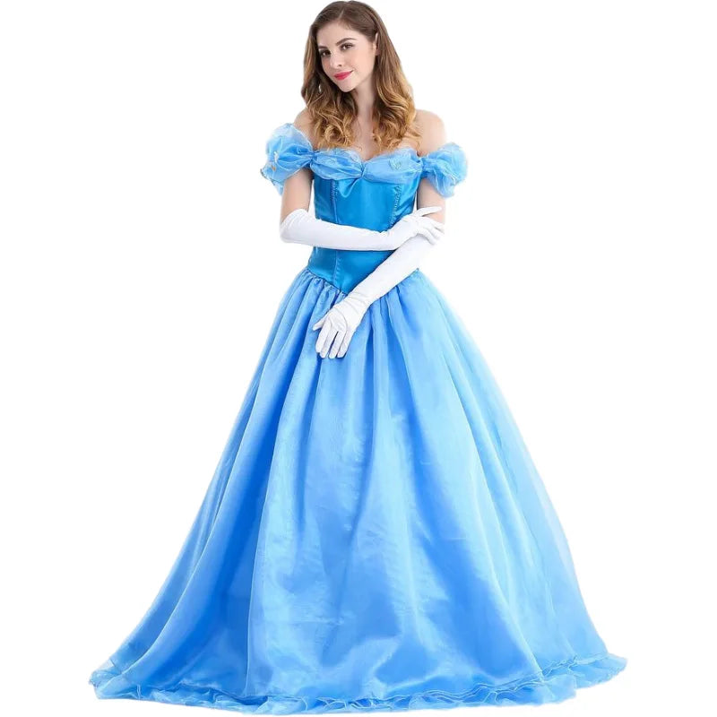 Elegant adult princess costume ball gown in blue with off-shoulder design and flowing skirt