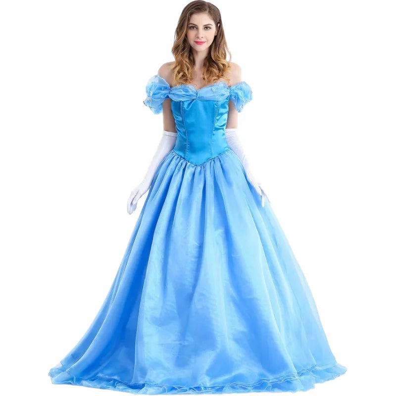 Elegant adult princess costume ball gown in blue with off-the-shoulder design and flowing skirt