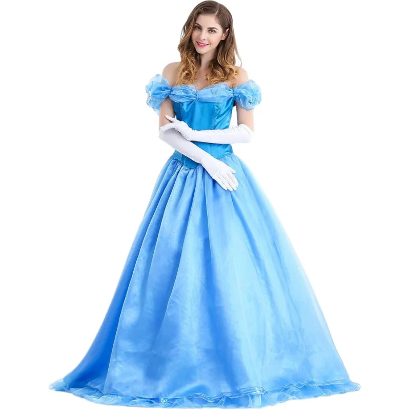 Stunning adult princess costume ball gown in blue with off-shoulder design and elegant flowing skirt