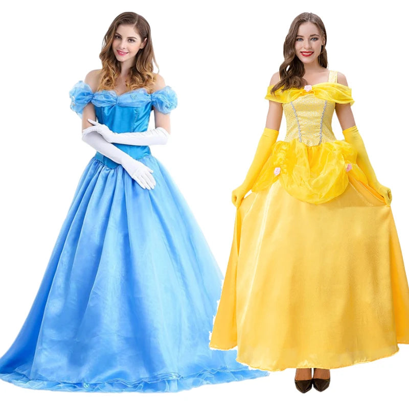 Adult princess costume ball gown in blue and yellow styles for elegant dress-up events