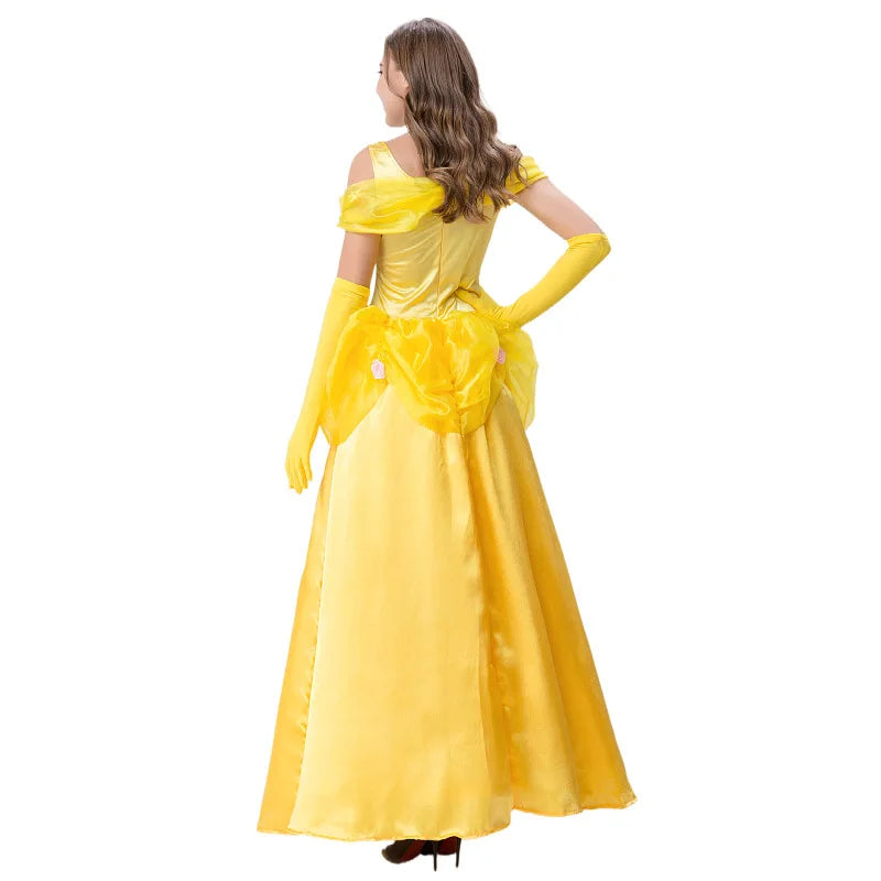 Adult princess costume ball gown in yellow with elegant design and flowing skirt for special occasions
