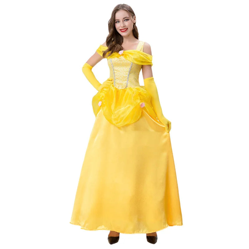 Adult princess costume ball gown in yellow with elegant detailing and flowing skirt for themed events