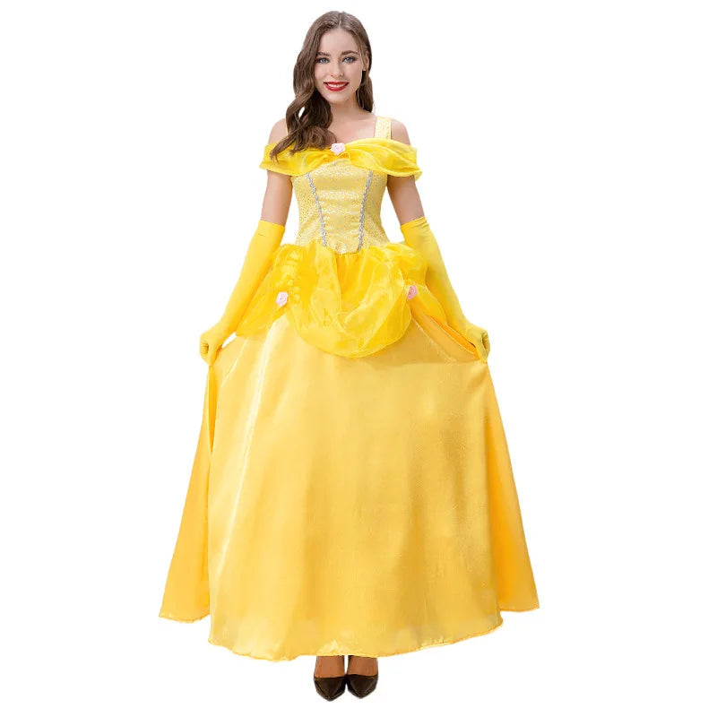 Adult princess costume ball gown in yellow with off-shoulder design and elegant flowing skirt