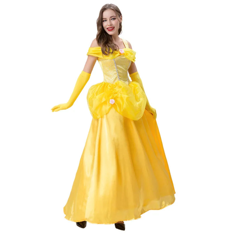 Adult princess costume ball gown in yellow with off-shoulder design and elegant gloves