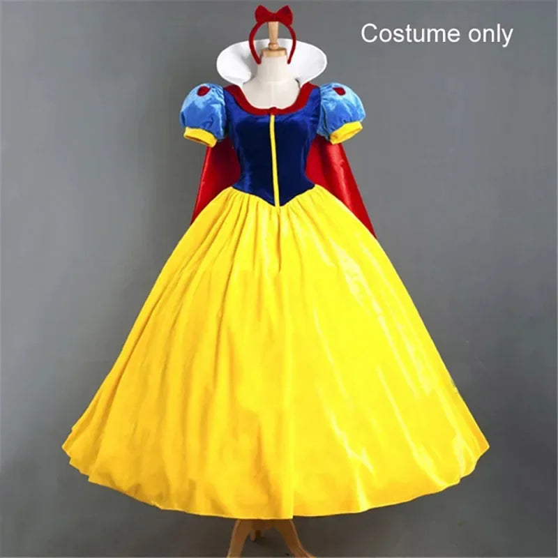 Adult Snow White Costume for Women featuring a vibrant yellow skirt and blue and red accents