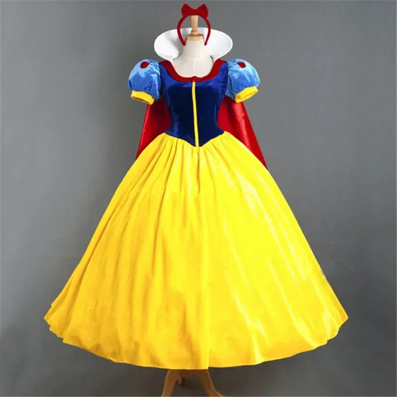 Elegant adult snow white costume for women with blue bodice and yellow skirt, perfect for themed parties