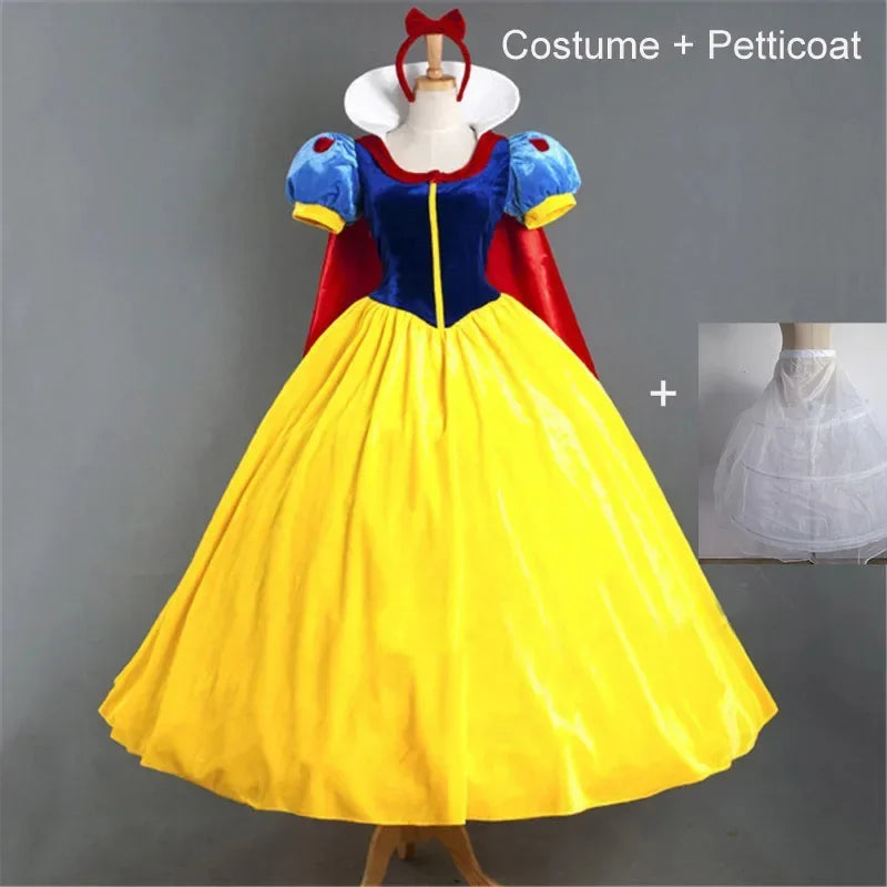 Elegant adult snow white costume for women featuring a classic blue, red, and yellow design with petticoat