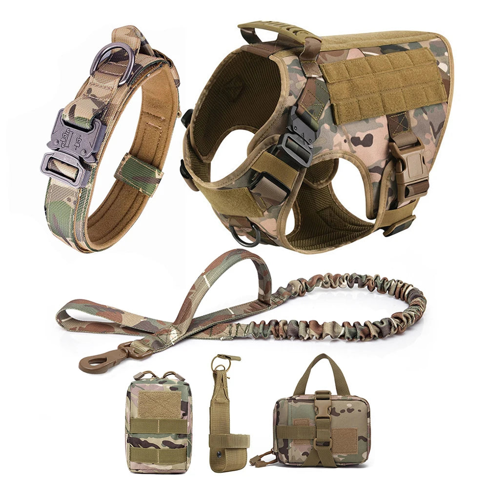 AlphaControl Pro Dog Harness & Leash Set in camouflage design with adjustable straps and sturdy clips