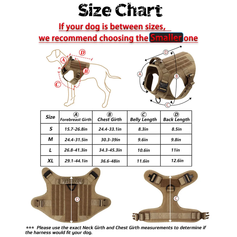 Size chart for AlphaControl Pro Dog Harness & Leash Set with measurements for different dog sizes