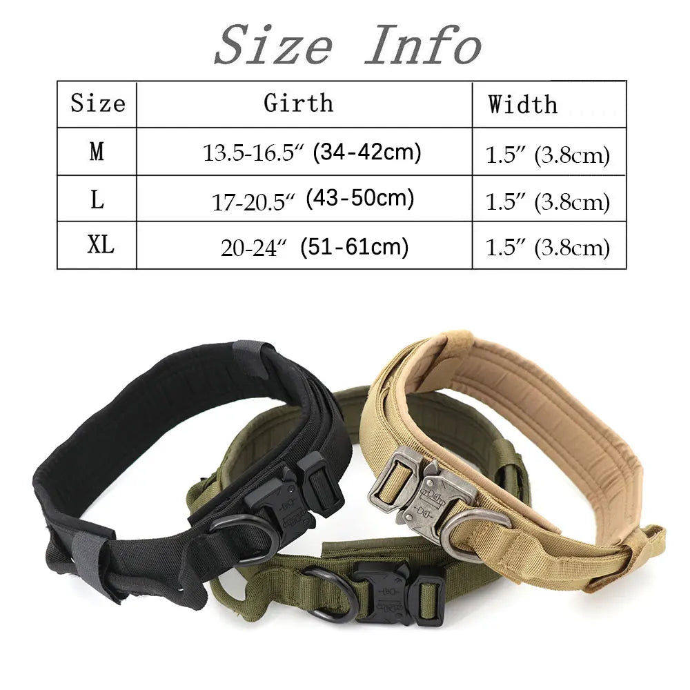 AlphaControl Pro Dog Harness & Leash Set size information with M, L, and XL options showing girth and width details