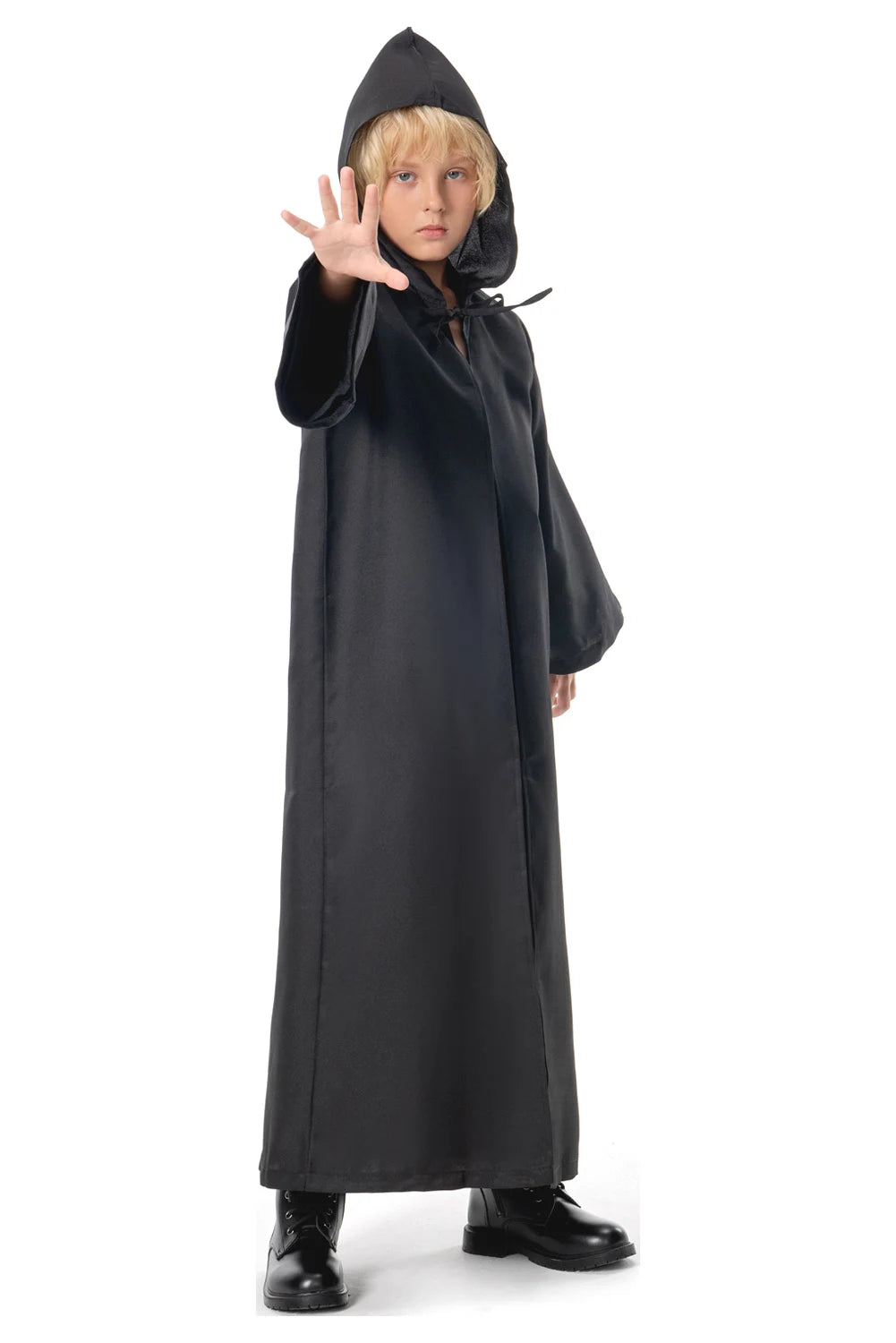 Anakin Skywalker kids costume featuring a black hooded robe and stylish boots for young fans