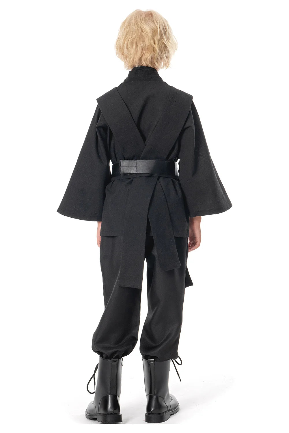 Back view of Anakin Skywalker kids costume in black with wrap-style design and belt