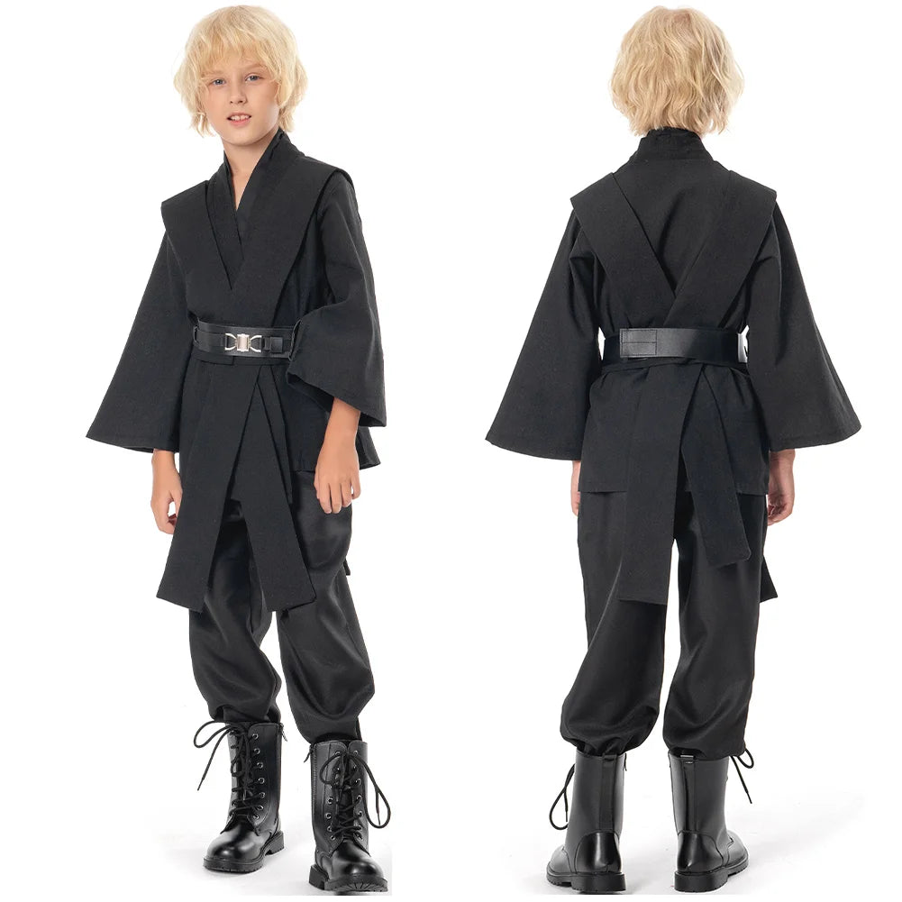 Anakin Skywalker kids costume featuring a black tunic and pants with a belt for imaginative play