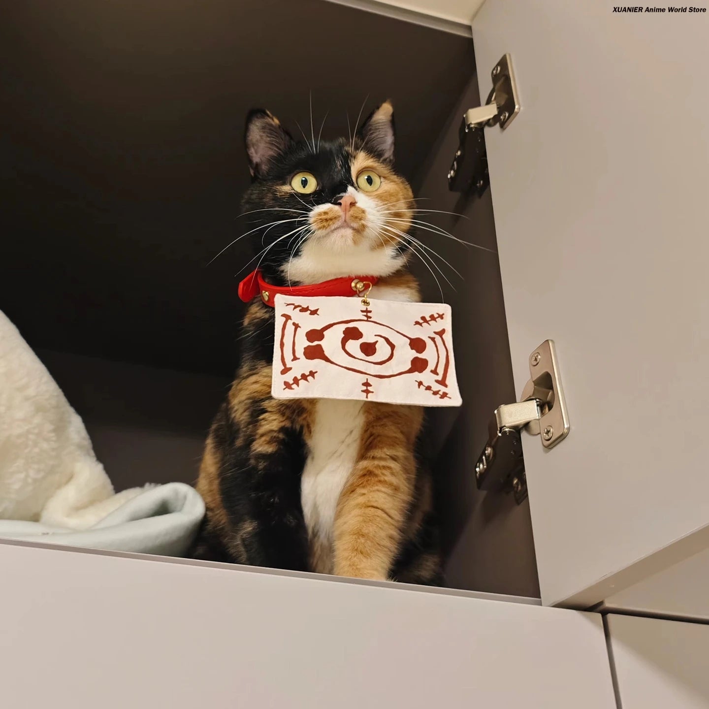 Calico cat wearing an anime cat costume for pets with a red collar and playful expression