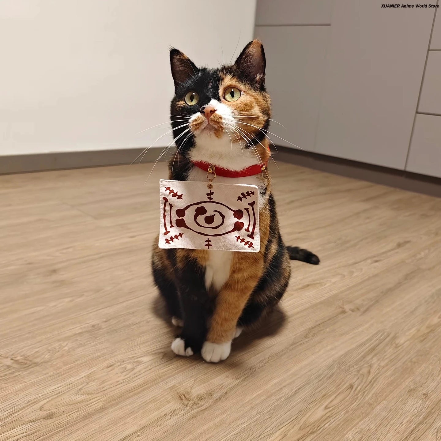 Cute calico cat wearing an anime cat costume for pets, featuring detailed design and collar.