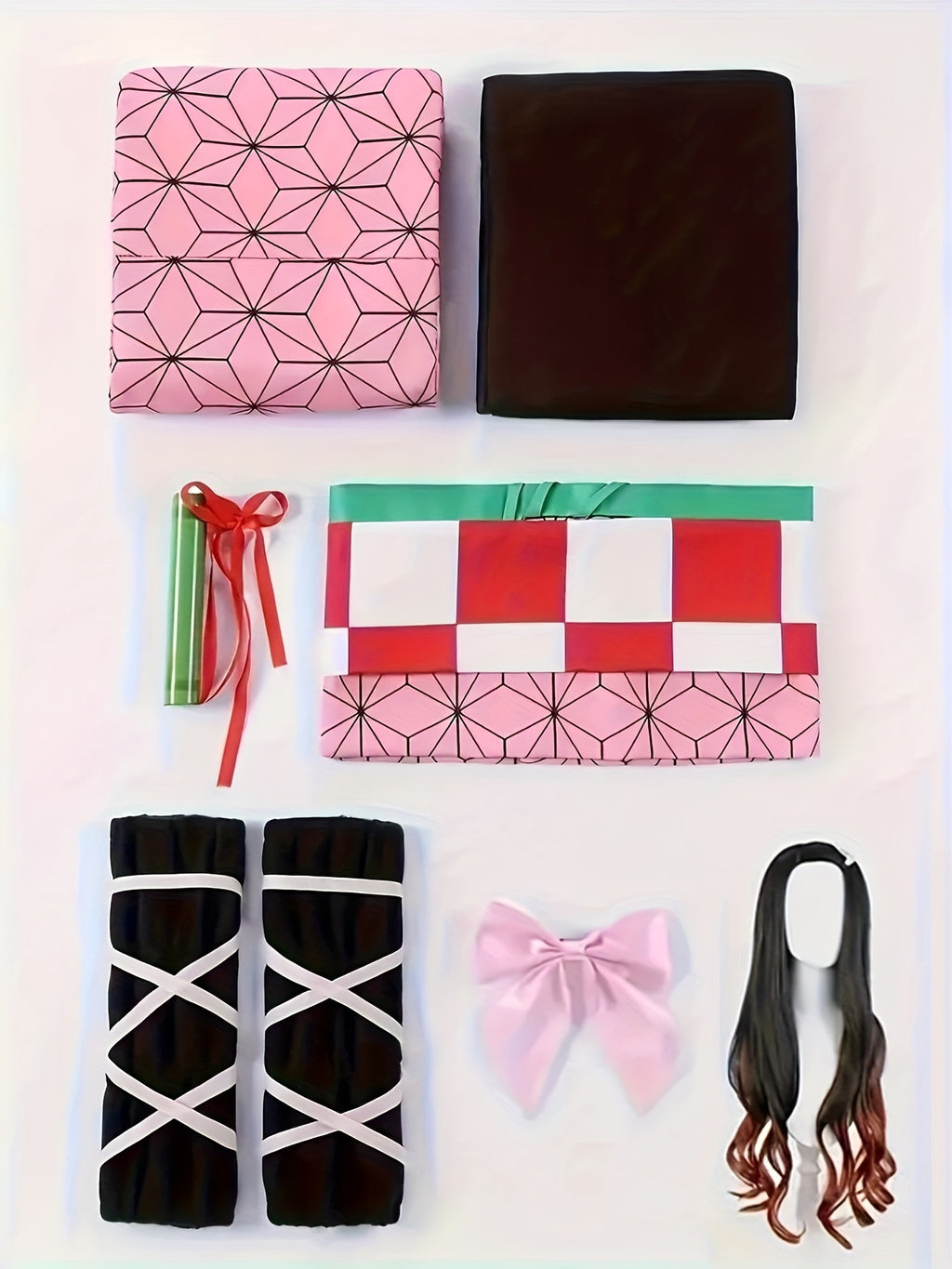 Anime kimono cosplay costume accessories including fabric, hairpieces, and ribbons arranged neatly