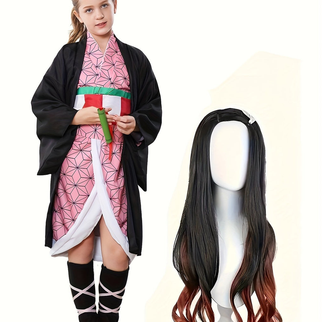 Anime kimono cosplay costume for kids featuring a pink and black design with matching wig
