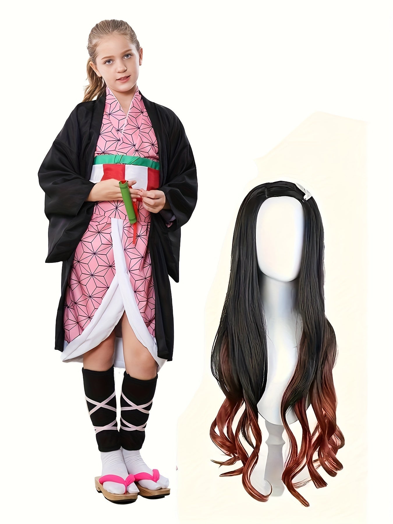 Anime kimono cosplay costume for kids with long black and red wig, perfect for themed events