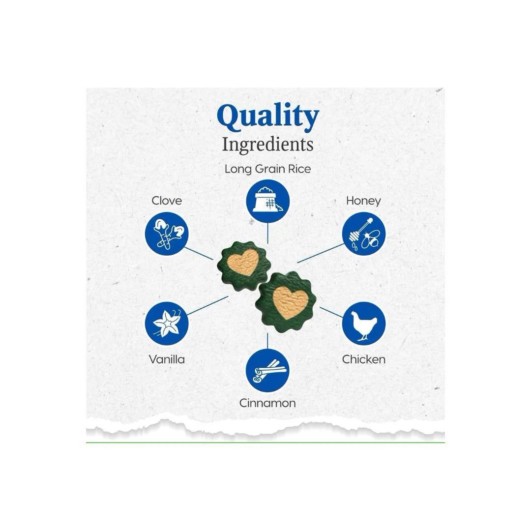 Soft canine dental treats with quality ingredients including long grain rice honey chicken cinnamon clove and vanilla
