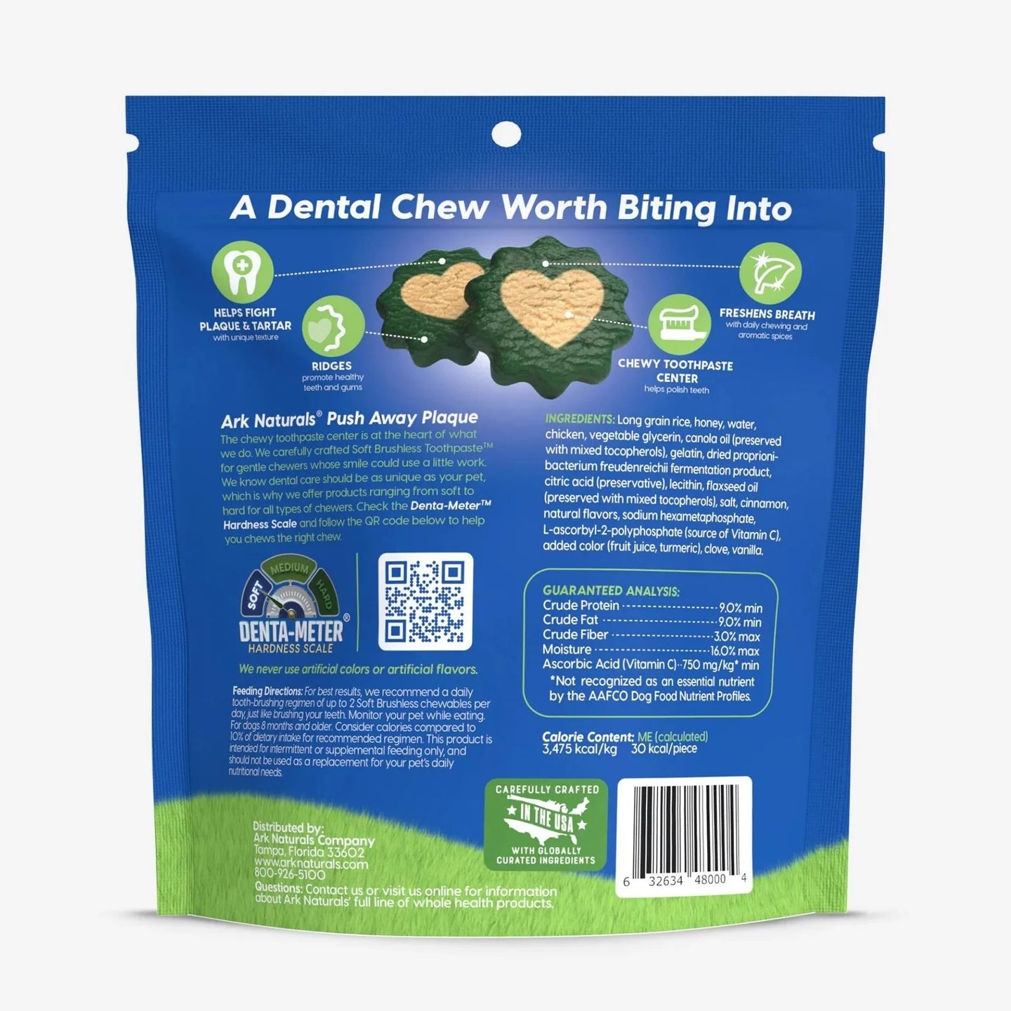 Back packaging of soft canine dental treats with oral health benefits and natural ingredients
