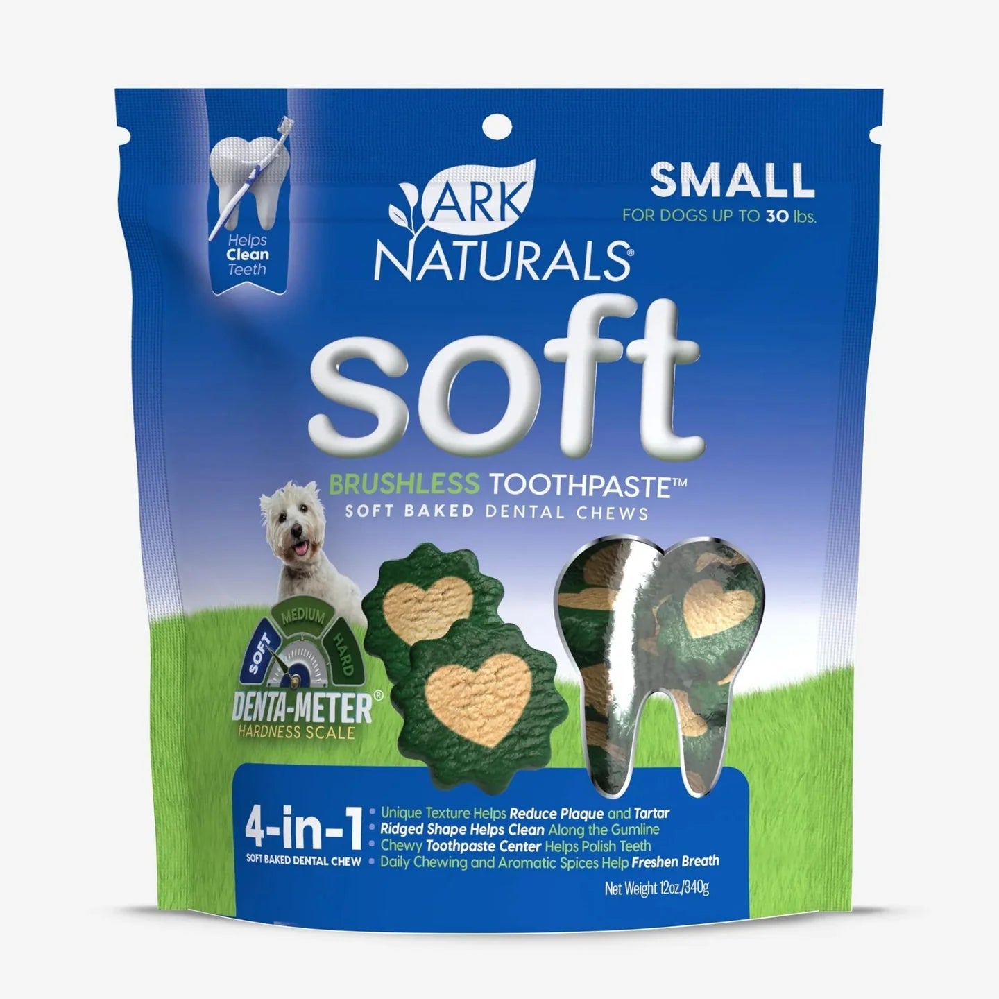 ARK Naturals soft canine dental treats small size for dogs up to 30 lbs with brushless toothpaste