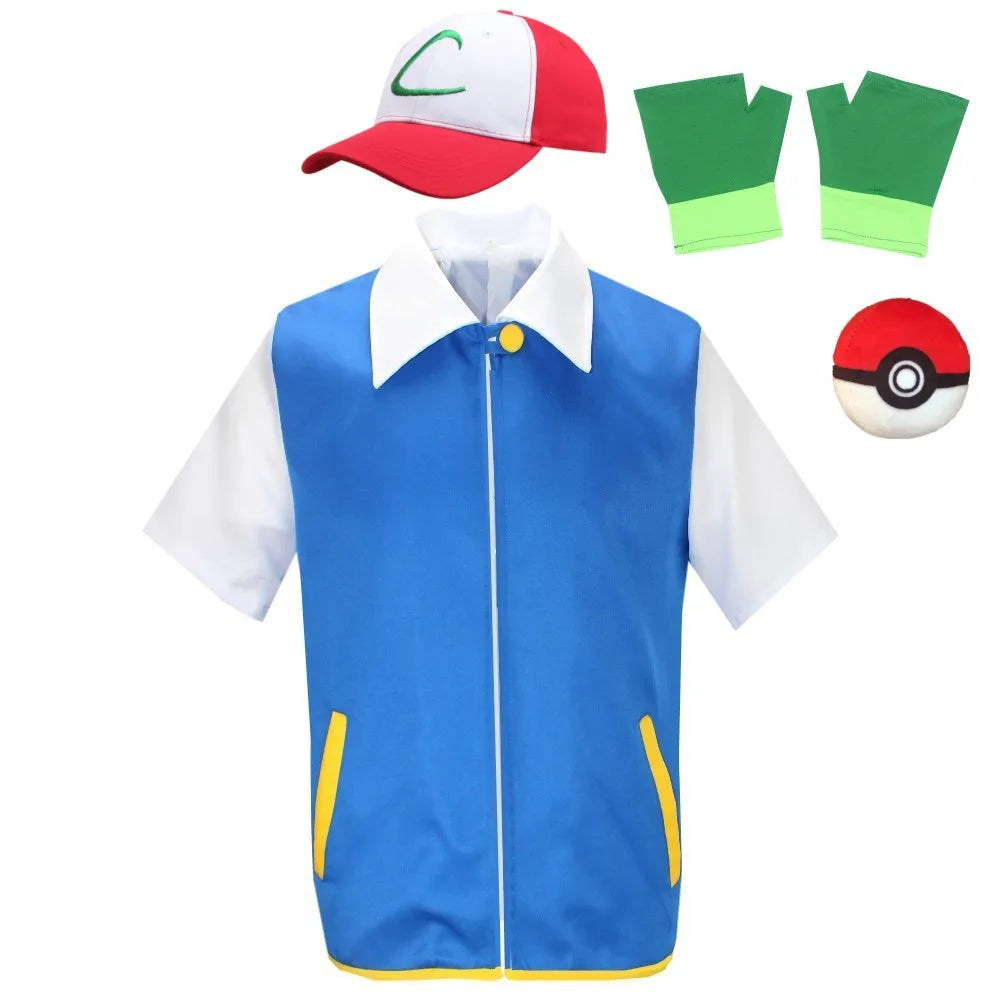 Ash Pokemon costume with accessories including cap, gloves, and Pokeball for fans of the series