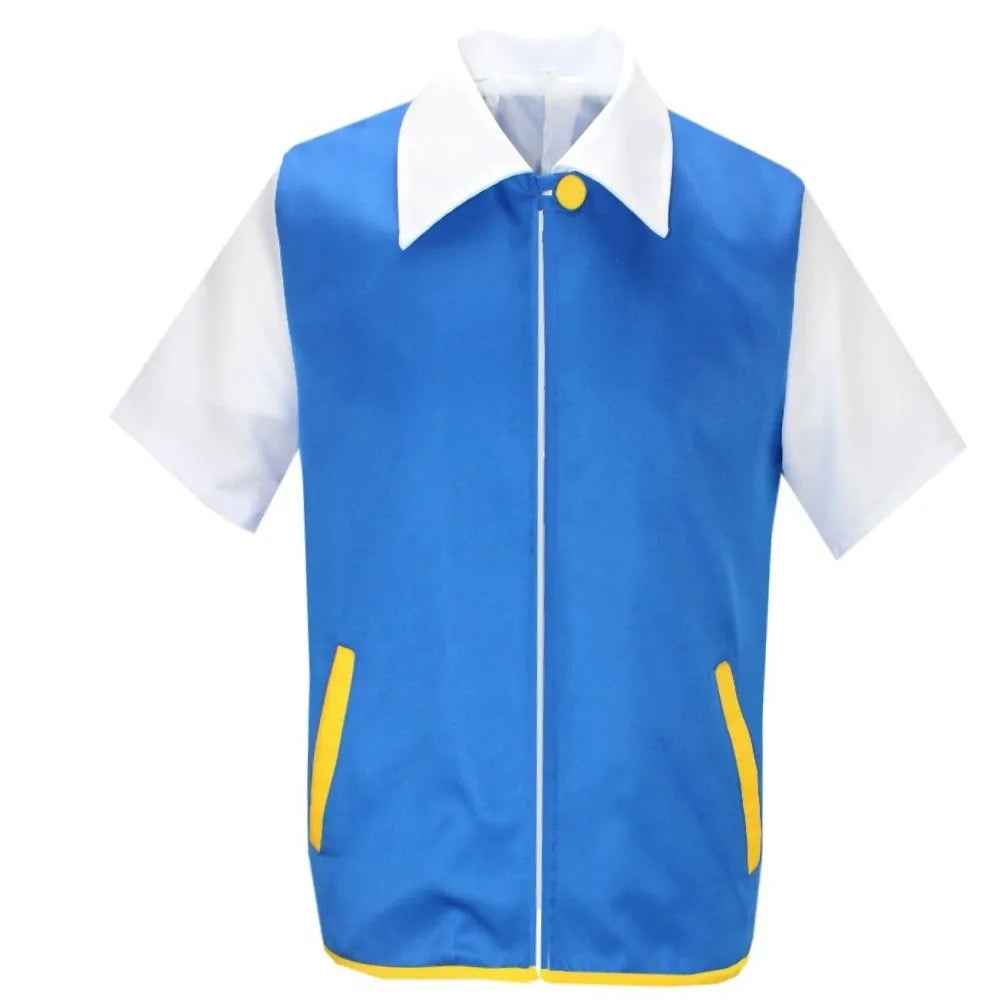 Ash Pokemon costume with accessories featuring a blue vest and white sleeves for cosplay adventures