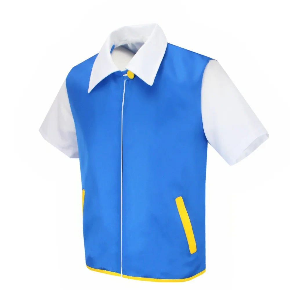 Ash Pokemon costume with accessories featuring a blue jacket with white sleeves and yellow accents