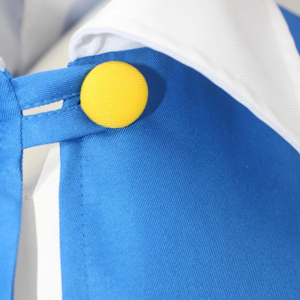 Close-up of Ash Pokemon costume with accessories featuring blue and white fabric details