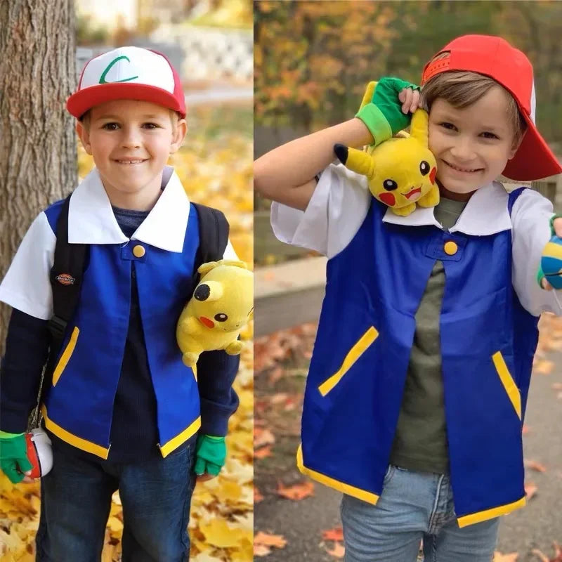 Kids wearing Ash Pokemon costume with accessories, featuring vest and Pikachu plush, perfect for playtime