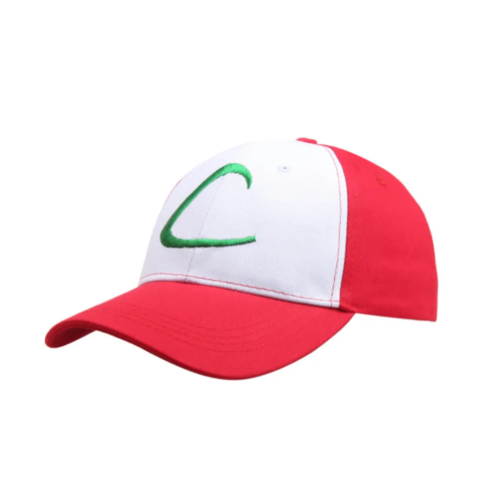 Ash Pokemon costume with accessories including a red and white cap featuring the iconic C logo