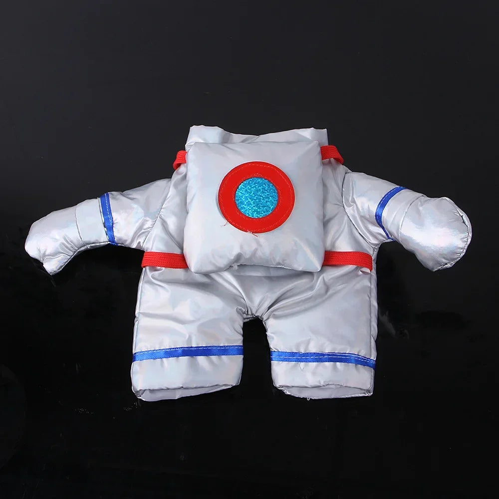 Shiny astronaut pet costume by Zoomies & Co with red and blue accents for playful pets
