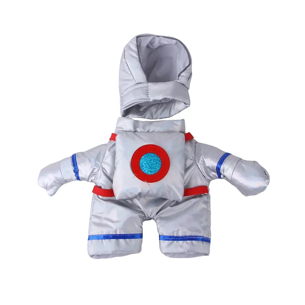 Silver astronaut pet costume with hood and colorful details for cute space-themed dress-up